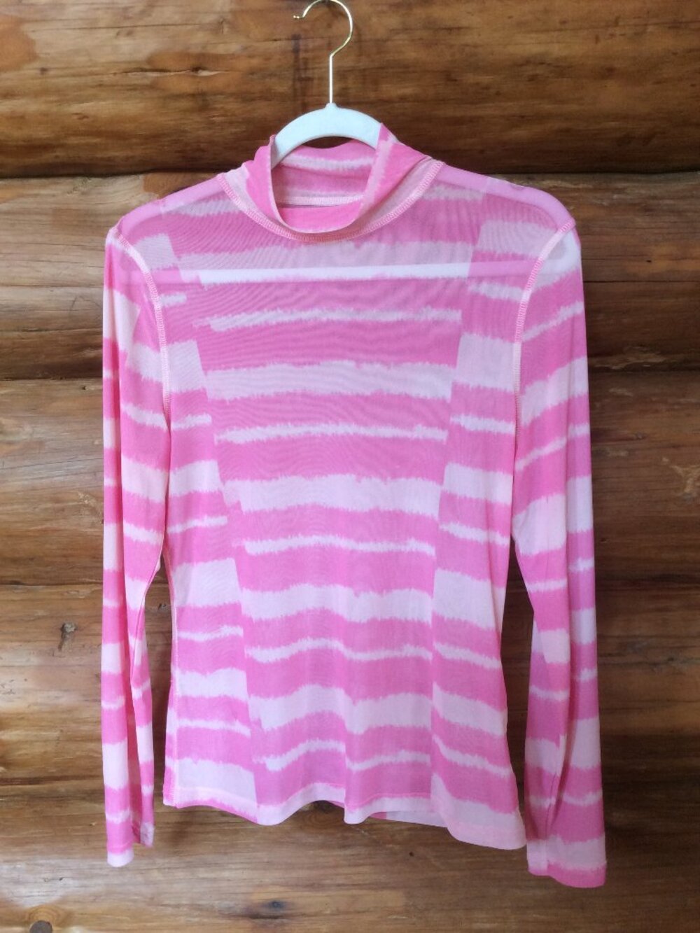 Pink & White Striped Sheer Mock Neck Retro Style Long Sleeve Top Size Medium*